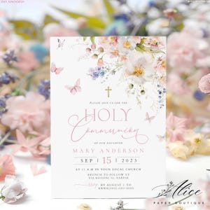 Rosa erste Kommunion Einladung Mädchen, Floral Schmetterling Heilige Kommunion Vorlage, bearbeitbar einladen, elegante religiöse Karte, Taufe einladen