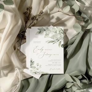 May include: A wedding invitation with a green and white floral design. The invitation reads "Together with their families, Emily Bennet & Jeremy Smith, Jolly invite you to celebrate their wedding, Sep 15 2023, Ceremony to begin at 7 PM, Villa Dante, Via Mino 12, Varese, Reception to follow."
