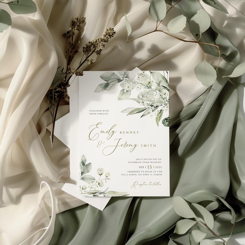 May include: A wedding invitation with a green and white floral design. The invitation reads "Together with their families, Emily Bennet & Jeremy Smith, Jolly invite you to celebrate their wedding, Sep 15 2023, Ceremony to begin at 7 PM, Villa Dante, Via Mino 12, Varese, Reception to follow."