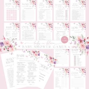 30 Baby in Bloom Baby Shower Games Bundle, Butterfly Baby Shower Games Printable, Pink Purple Wildflowers Butterflies Girl Baby Shower Games
