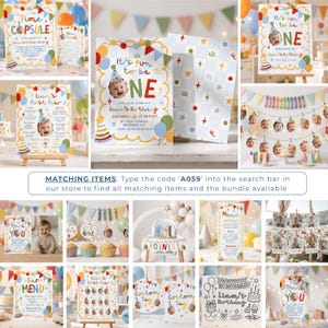 May include: A collection of birthday party stationery featuring a colorful theme with balloons, party hats, and confetti. Items include invitations, milestone boards, menu cards, thank you tags, and photo banners, all displaying the text Liam's Birthday.