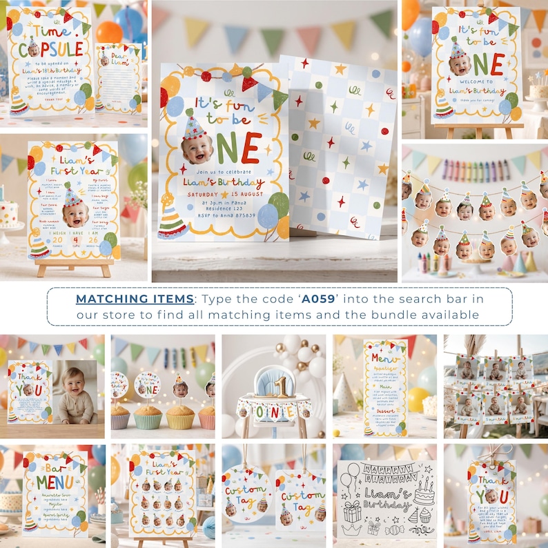 May include: A collection of birthday party stationery featuring a colorful theme with balloons, party hats, and confetti. Items include invitations, milestone boards, menu cards, thank you tags, and photo banners, all displaying the text Liam's Birthday.