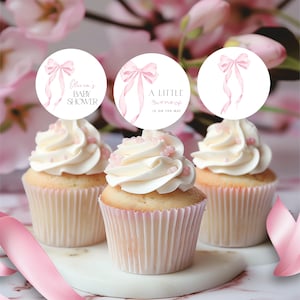 Pink Bow Baby Shower Cupcake Toppers, Pink Coquette Cake Toppers, Printable Cupcake Decoration, Editable Sticker Label Girl Baby Shower Pink