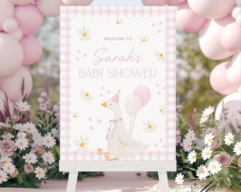 Silly Goose Baby Shower Welcome Sign, Pink Gingham, Editable (Digital Download)