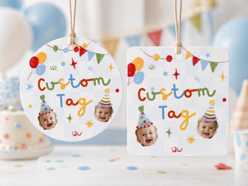 May include: Two hanging gift tags, one circular and one square, featuring a light blue checkered pattern. Each tag displays the text Custom Tag in colorful letters, decorated with party balloons, bunting, stars, and photos of a smiling baby.