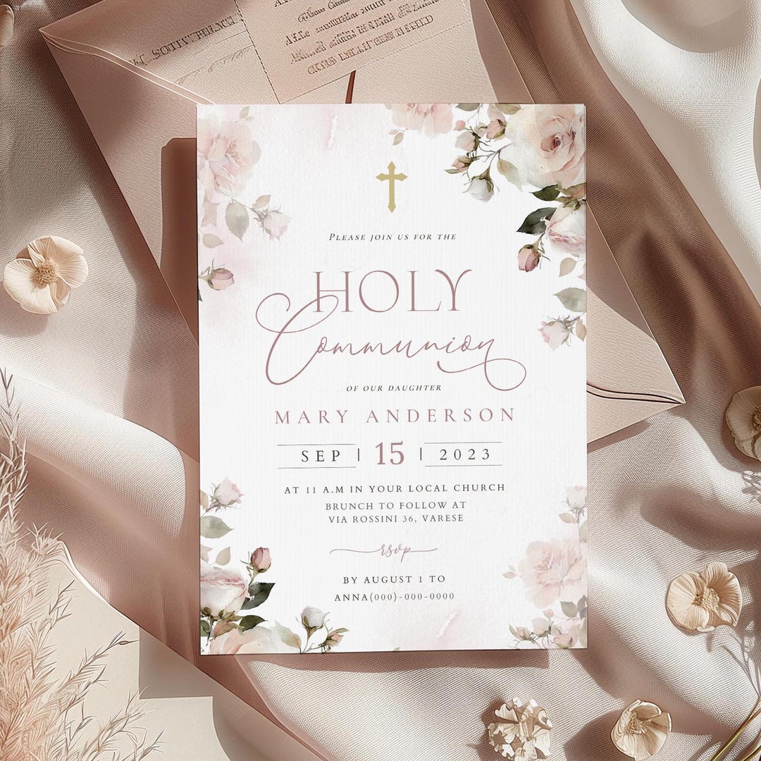 Pink First Holy Communion Invitation Template, Pink Floral Watercolor ...