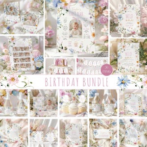 May include: A collection of floral-themed birthday party supplies. The items include invitations, banners, cupcake toppers, and water bottle labels. The text includes "Taylor's First Year" and "Wild One". The color palette features pastel pinks, blues, and greens.