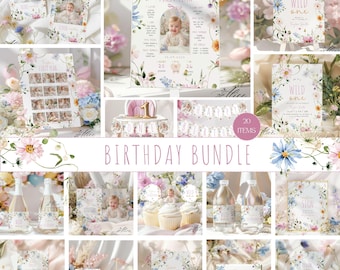 Wildflower Girl 1st Birthday Bundle, Editable Floral Party Decor (Digital Download)