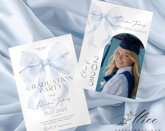 Blue Bow Graduation Invitation, Photo Grad Party Invite (Editable Template)