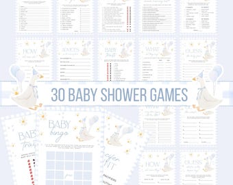 Juegos divertidos para baby shower de Silly Goose, estampado de cuadros azules, paquete de 30 juegos (descarga digital imprimible)