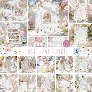 Pacchetto per il primo compleanno di Wildflower, invito modificabile per il compleanno di una bambina con fiori, modello per cartello di compleanno con fiocco rosa, kit per feste per il primo compleanno