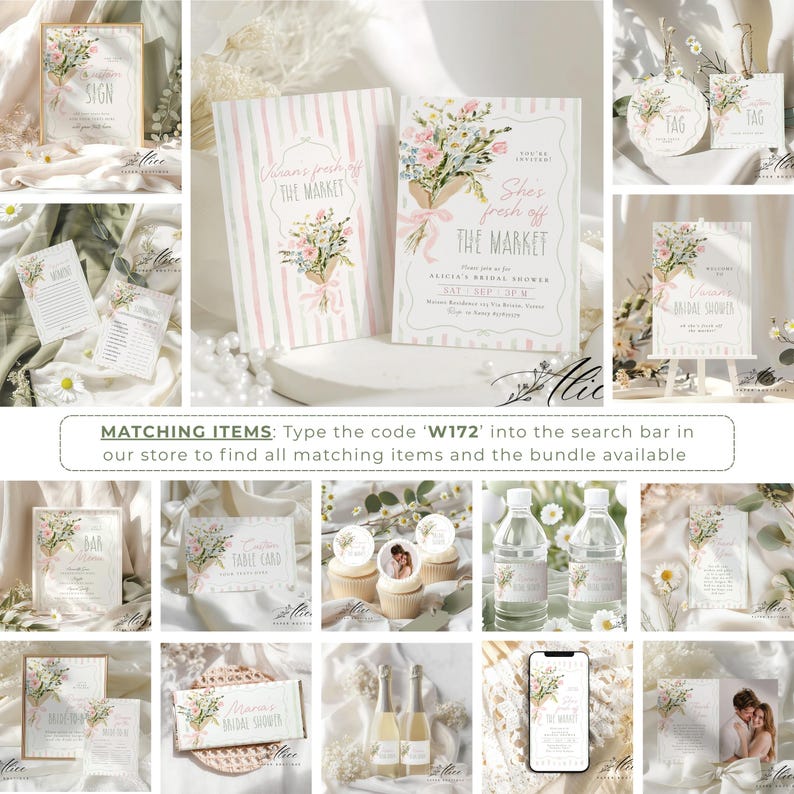 May include: A collection of wedding stationery items, including signs, tags, and cards, featuring floral bouquets in soft pinks and greens. The text "She's fresh off the market" is visible on several items. The overall theme is a bridal shower.