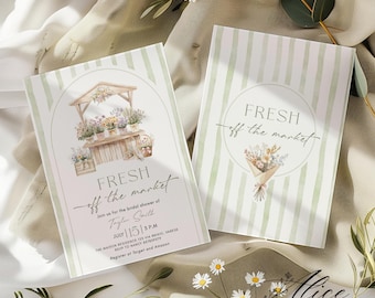 Zaproszenie na wieczór panieński „Prosto z rynku”, szablon na brunch dla panny młodej, edytowalne zaproszenie na targ rolniczy, wydrukowana wersja „She's Off The Market”