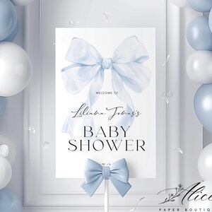 Blue Bow Welcome Sign, Blue Coquette Baby Shower Welcome Sign Printable, Blue Baby Boy Shower Sign Template, Baby Shower Entrance Welcome