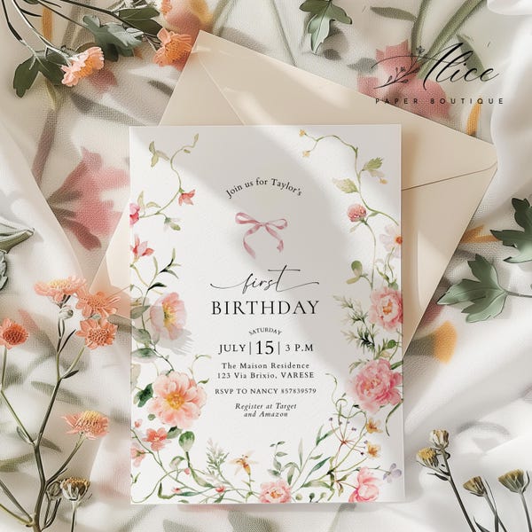 Pink Bow Wildflower 1st Birthday Invitation, Floral Girl Party (Editable Template)