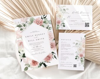 May include: Wedding invitation suite with floral designs in shades of pink and green. The invitation features the couple's names, "Emily Bennet and Will Smith", the date "Sep 15, 2023", and the location "Villa Dante at 5 pm". The RSVP card includes a QR code. The details card includes information about the reception, accommodations, and further information.