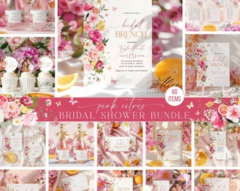 Pink Floral Citrus Bridal Shower Bundle, Games, Signs (Editable Printable)