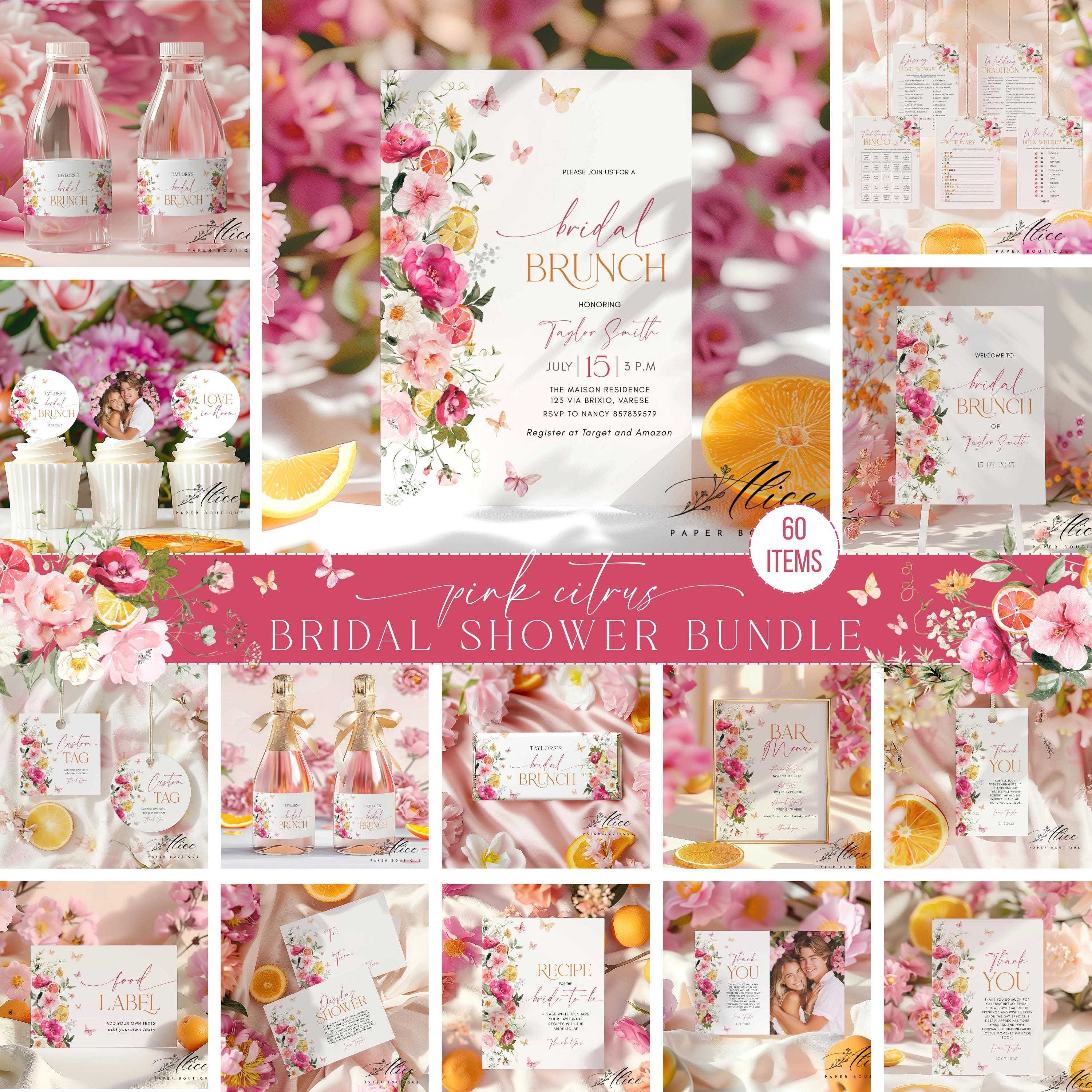 Pink Floral Citrus Brautdusche Bundle, Main Squeeze Brautspiele, Schilder, Blumeneinladungen, bearbeitbares druckbares Zitronenorange-Brautkit
