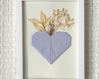 White Wooden Stand Frame with Glass & Dried Flowers and Handcrafted Origami Heart Art | Wall Art, Floral Room Decor, Paper Art, Gift for Her