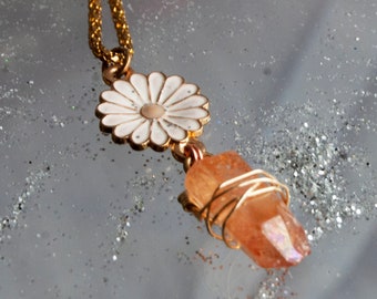 Daisy Orange Peach Titanium Quartz Wrapped Necklace