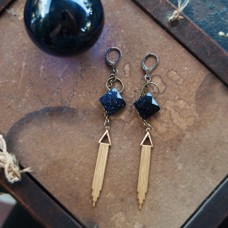Oracle Blue Goldstone Art Deco Dangle Earrings / Long Deco Earrings / Brass Modern Earrings / Triangle Dangly Earrings / Pointed Earrings image 4