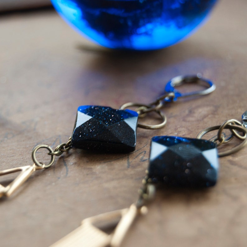 Oracle Blue Goldstone Art Deco Dangle Earrings / Long Deco Earrings / Brass Modern Earrings / Triangle Dangly Earrings / Pointed Earrings image 2