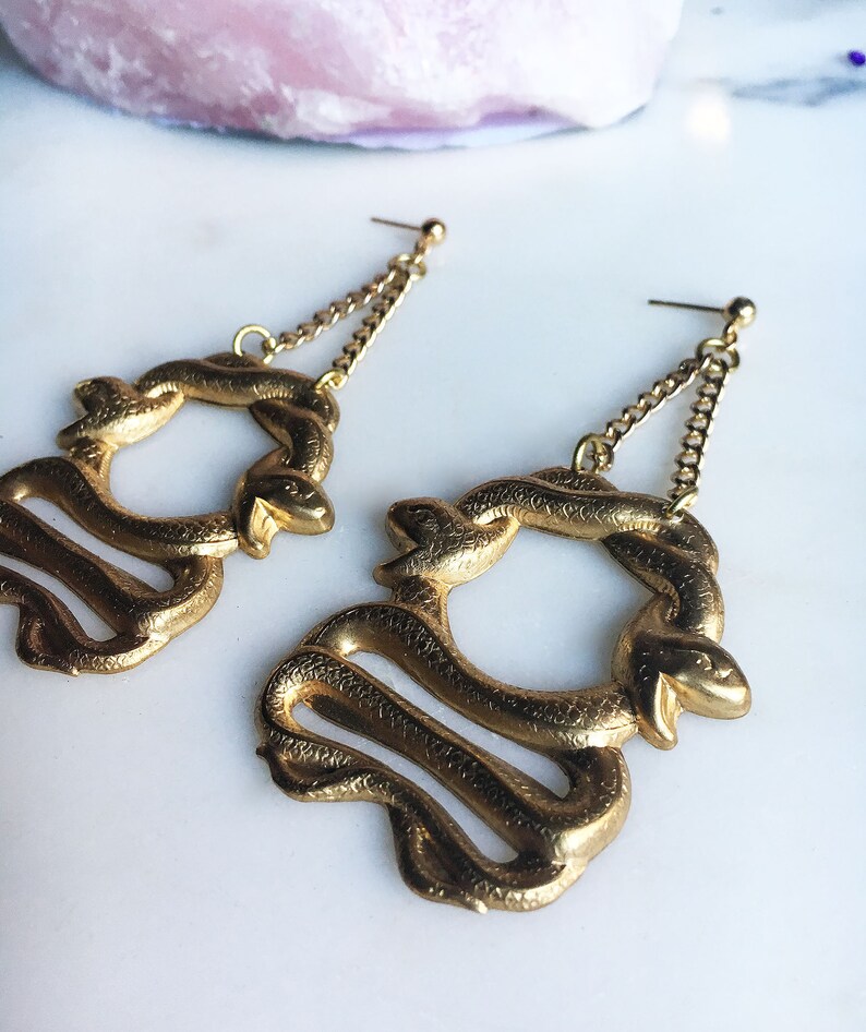 Cleopatra Double Serpent Earrings / Coiled Snake Earrings / Gold Snake Pendant / Chunky Earrings / Animal Jewelry / Bold Jewelry image 3