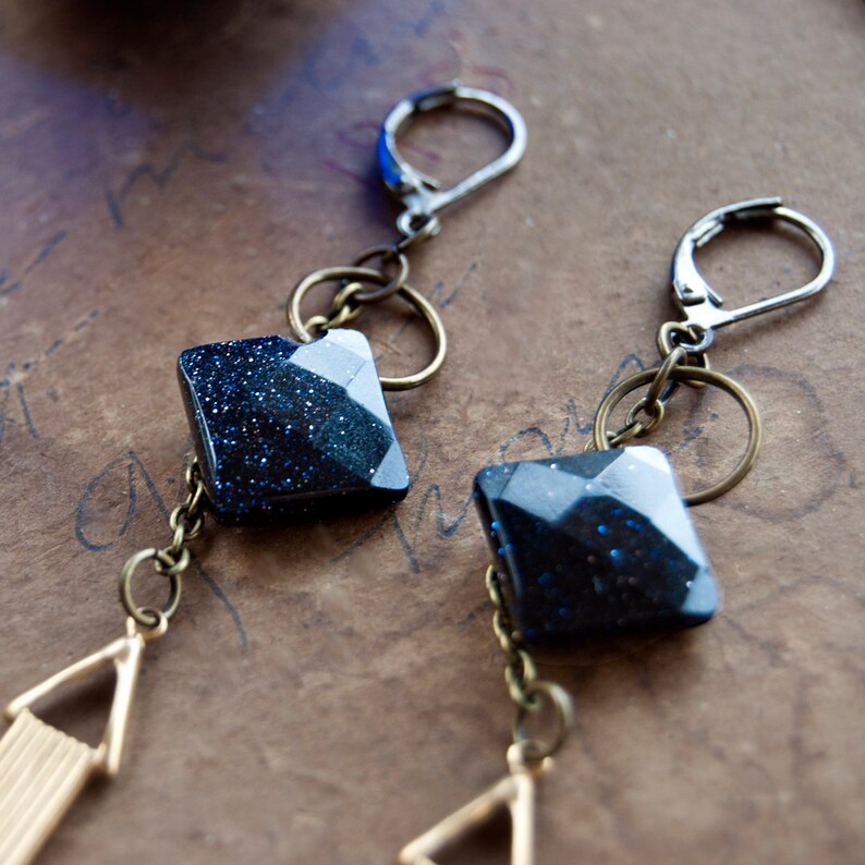 Oracle Blue Goldstone Art Deco Dangle Earrings / Long Deco Earrings / Brass Modern Earrings / Triangle Dangly Earrings / Pointed Earrings image 5