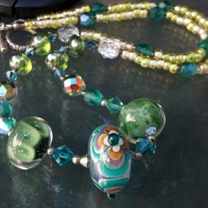 Clearance NECKLACE Artisan Transparent GREENS. Handmade Glass Art Murano Lampwork Beads. Fine Beaded Jewelry. Openstudiobeads Made in USA.