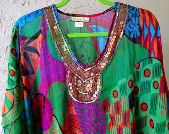 Indian Green Silky Tunic, Embroidery. New, never worn. World, traditional. Cover Up. Streetwear. World. Tribal. Openstudio. Openstudiobeads.