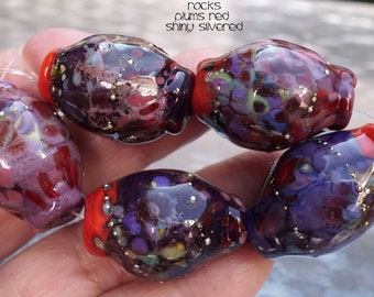 Rocks PLUMS RED Shiny Silvered. Set 5 huge Handmade Lampwork Murano Glass beads. Fine Arts Jewelry. Made in USA. Openstudio. Openstudiobeads