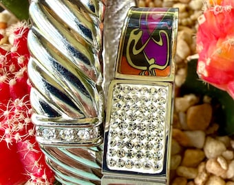 2 VINTAGE BANGLES Bracelets Rhinestones Enameled Collectible Collectable Stainless Steel 316 L Hinged Shiny Jewelry Like New Openstudiobeads