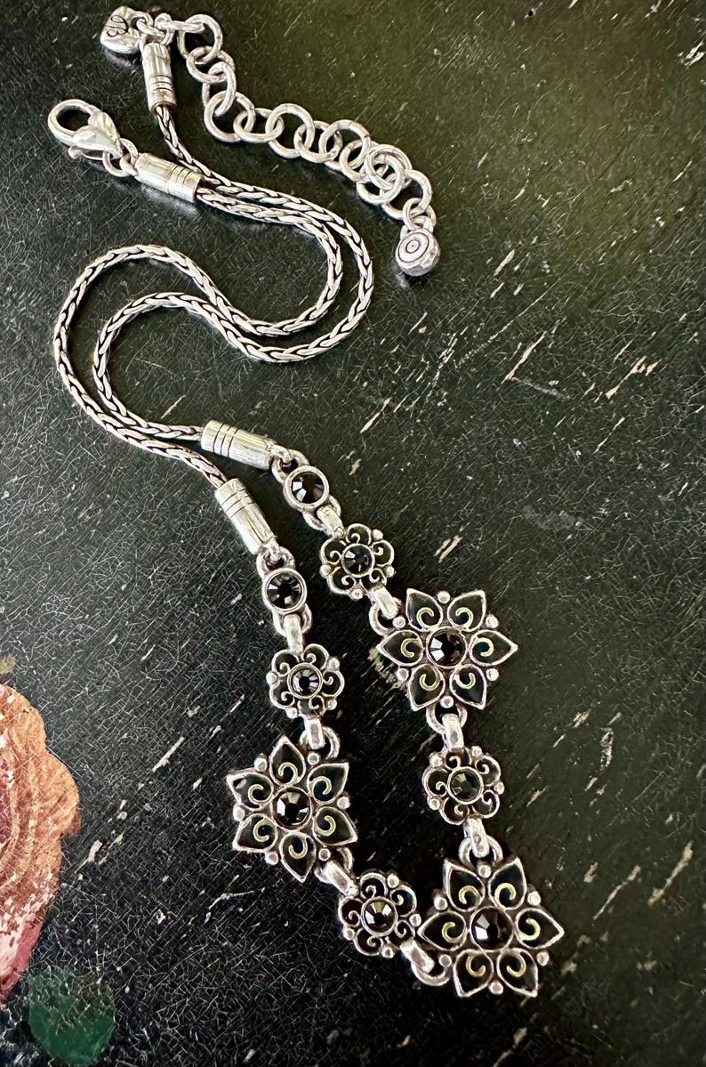 Vintage BRIGHTON Designer NECKLACE Silver tone Flowers Black Crystals Fine Arts Jewelry Collectible Collectable Openstudiobeads Openstudio image 3