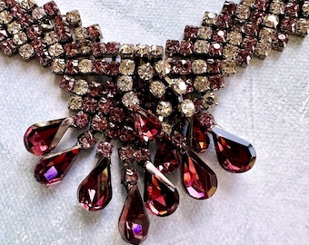 VINTAGE NECKLACE RHINESTONES Purple Violet Amethysts White Transparent Shiny. Pendant Chocker Collectable Collectible  Openstudiobeads