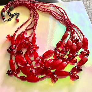 Vintage handmade 5 Strand BEADED RED Necklace Seed Glass Beads Artisan Fine Jewelry Craft Collectible Collectable Openstudio Openstudiobeads