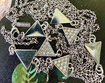 Vintage long NECKLACE LANE BRYANT Designer Silver Doble Chain Rhinestones Triangles Fine Art Jewelry Collectible Collectable Openstudiobeads