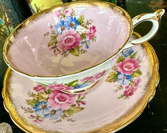 Vintage PARAGON ENGLAND By Appointment To Her Majesty the Queen Fine Bone China Cup Saucer Gold Pink Blue Flowers Collectible Collectable
