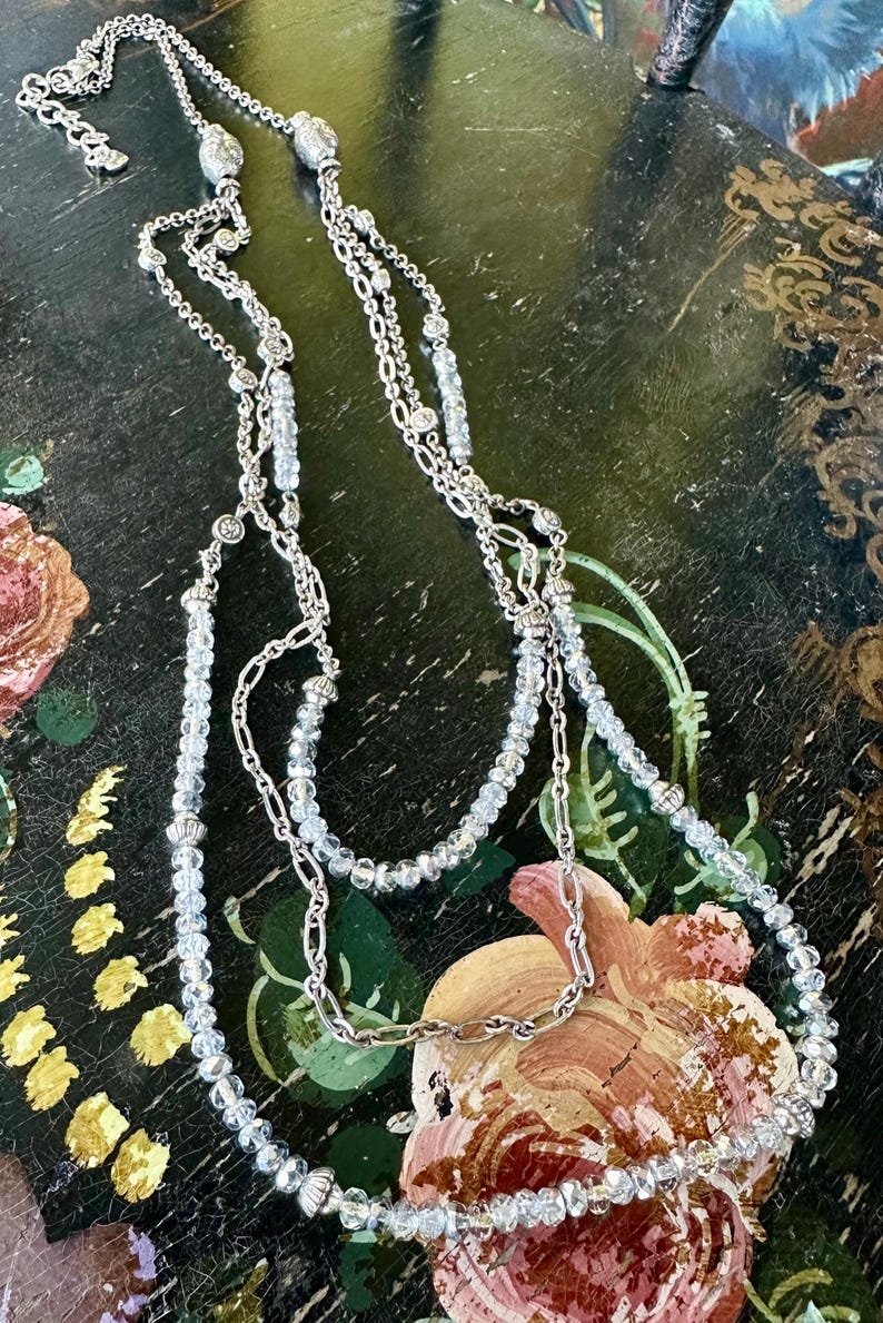 Vintage BRIGHTON Designer Long NECKLACE Silver tone Chains Beads Crystals 3 Strands Fine Art Jewelry Collectable Openstudiobeads Openstudio image 2