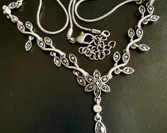 Vintage Silver tone MARQUESITE NECKLACE Flowers Leaves Vine Collectible Collectable Openstudiobeads Openstudio
