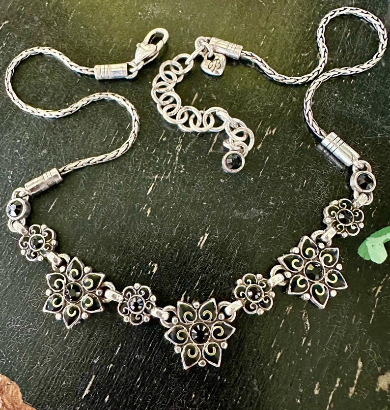 Vintage BRIGHTON Designer NECKLACE Silver tone Flowers Black Crystals Fine Arts Jewelry Collectible Collectable Openstudiobeads Openstudio image 2