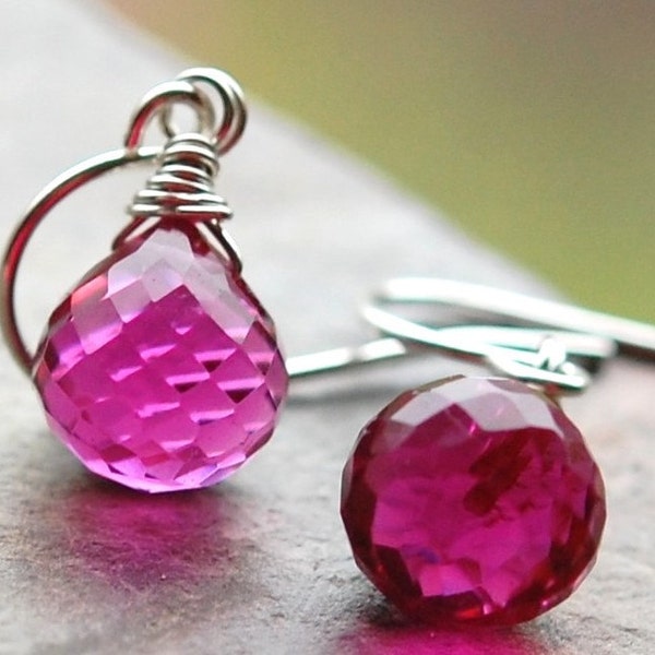 Ruby Earrings, Fuchsia Rubellite Quartz Wire Wrapped on Sterling Silver French Ear Wire Hooks