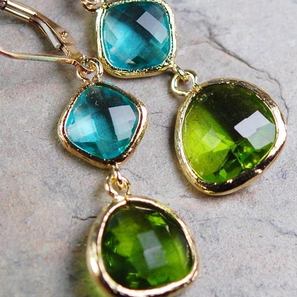 Aqua Blue Peridot Green Glass Earrings, Faceted Components, 14K Gold Fill Leverbacks, Bridesmaid Gift