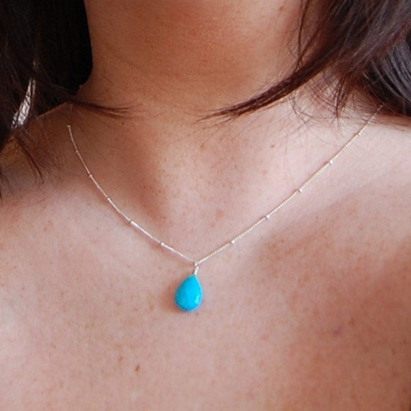 CUSTOM WEDDING ORDER for Lorrun, Wisp of Summer, Gorgeous Sleeping Beauty Turquoise Briolette Solitaire Necklace on Sterling Silver