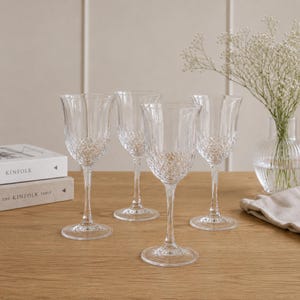 Crystal Wine Glasses Set: Cut-Glass Diamond Pattern, Long Stems (Set of 4)