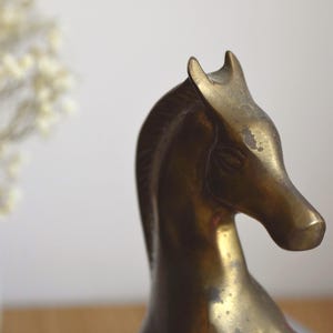 May include: A brass horse figurine showing the head and neck in profile. The metal surface has a dark, aged patina with visible signs of wear and minor discoloration on the snout and along the mane, capturing the horse's ears and facial features.