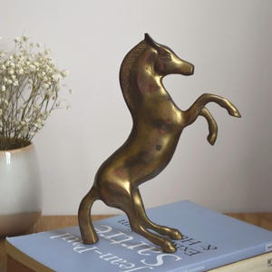 May include: A polished brass horse figurine depicted in a rearing pose with its front legs lifted. The sculpture features a smooth, metallic gold-toned surface with subtle variations in color and a defined mane along the arched neck.