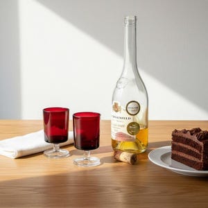 Op de afbeelding: Een heldere wijnfles met een gouden etiket en een kurk naast twee rode wijnglazen. Een stuk chocoladetaart ligt op een wit bord. Een witte servet ligt op de houten tafel.