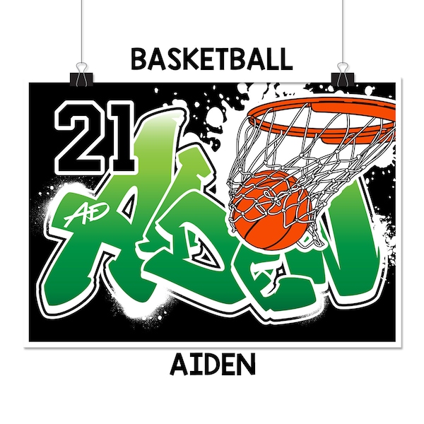 BASKETBALL GRAFFITI Poster Custom Personalized with Your Name & Team #Number, Wall print, Sport gift idea, Best for Player's room, AIDEN