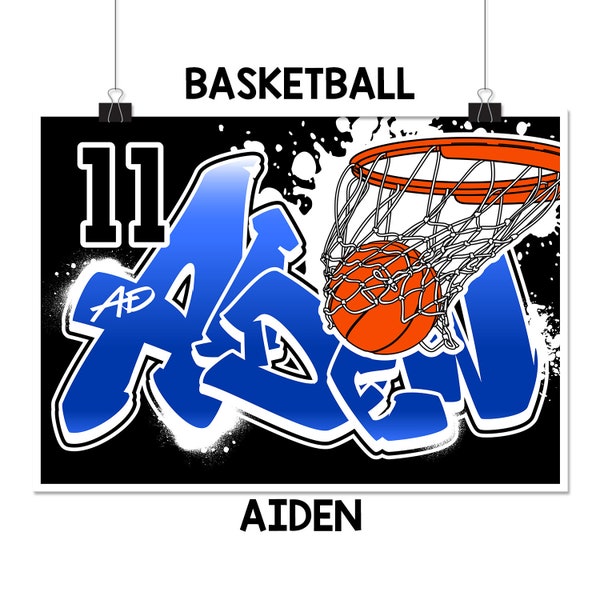 BASKETBALL GRAFFITI Poster Custom Personalized with Your Name & Team #Number, Wall print, Sport gift idea, Best for Player's room, AIDEN