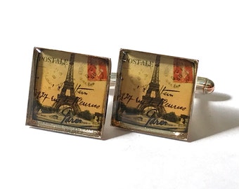 Eiffel Tower Paris France Vintage Illustration Handcrafted Hand Poured Resin Silver-Plate Square Cufflinks Cuff Links
